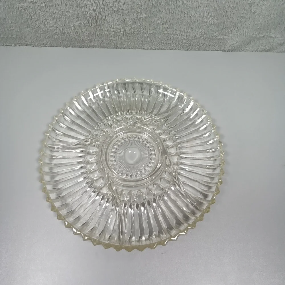 Vintage Clear Pressed Glass 3 Section Divided‎ Serving Platter Sunburst 12 Inch
